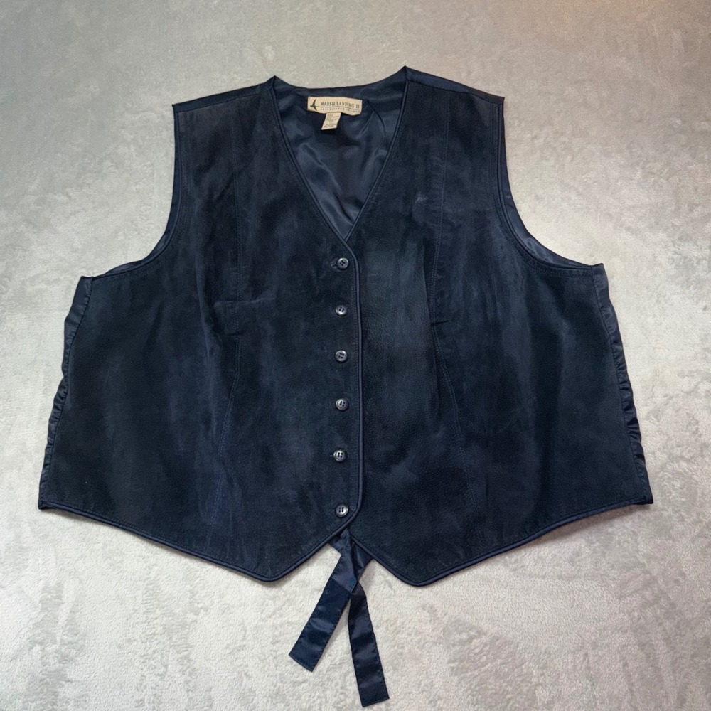 Vintage Navy Blue Suede Leather Vest Button Front Adjustable Back‎ 1X 90s Style